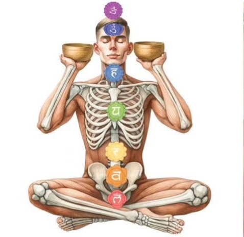 Chakra points and sound bowl healing illustration